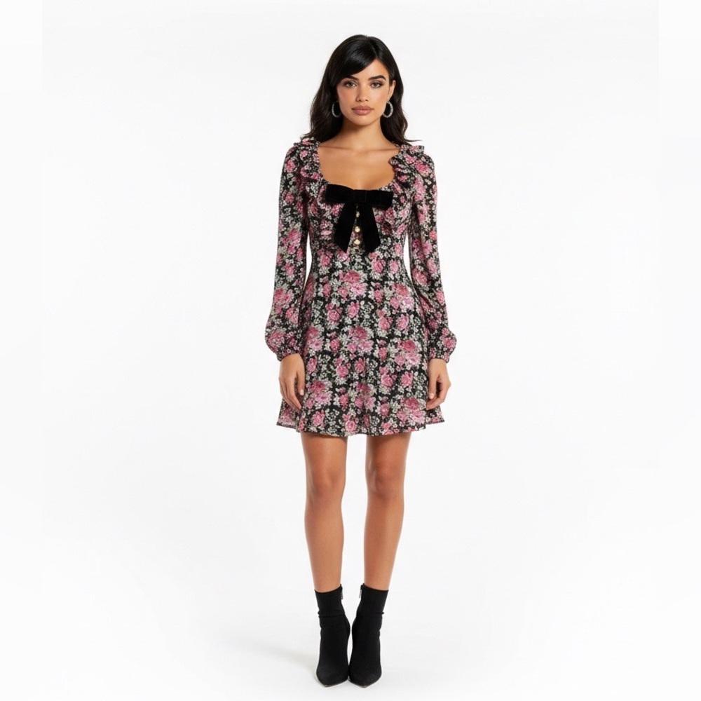 Alessandra Rich Floral Long Sleeve Silk Dress